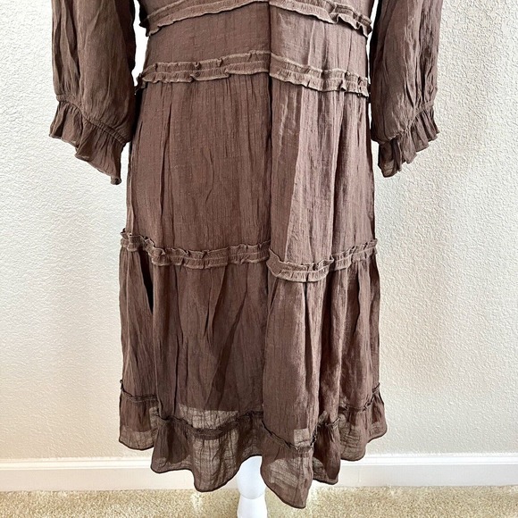 Mikarose The Charlie Large Tiered Midi Dress Brown Prairie V Neck Cottagecore - Picture 9 of 16
